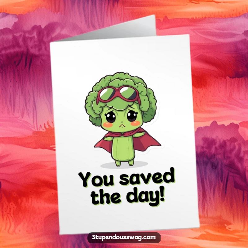 Funny Free Printable Congratulations Card: A bewildered broccoli floret heroically posing with a tiny cape, celebrating major accomplishments.