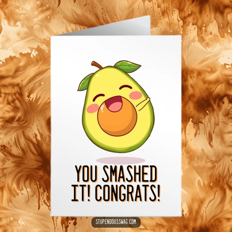 Funny Free Printable Congratulations Card: a laughing avocado pit doing a somersault, escaping its fruit with glee.