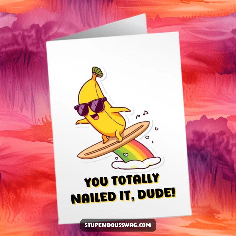 Cool Free Printable Congrats Card: A banana wearing sunglasses spectacularly surfs a vibrant rainbow, celebrating success.