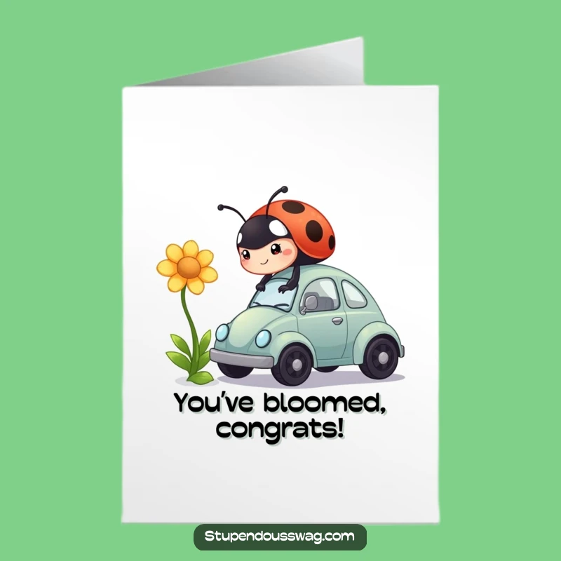 Free Printable Congrats Card: Ladybug Flower Car - Humorous Downloadable Gift