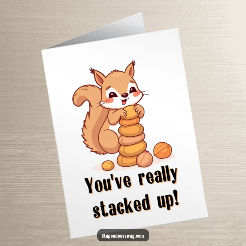 Funny Free Printable clumsy squirrel balancing a stack of nuts, celebrating achievement, ideal downloadable congratulations card.
