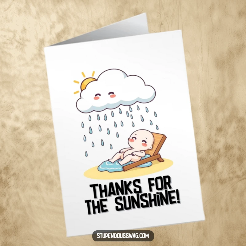 Funny Free Printable Cloud Thank You Card: Cloud raining giggling raindrops, sending thanks to a sunbather.