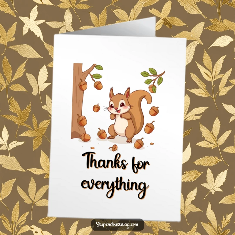 Funny Free Printable Thank You Card showing a frantic squirrel leaping to catch bouncing acorns, saying thanks.