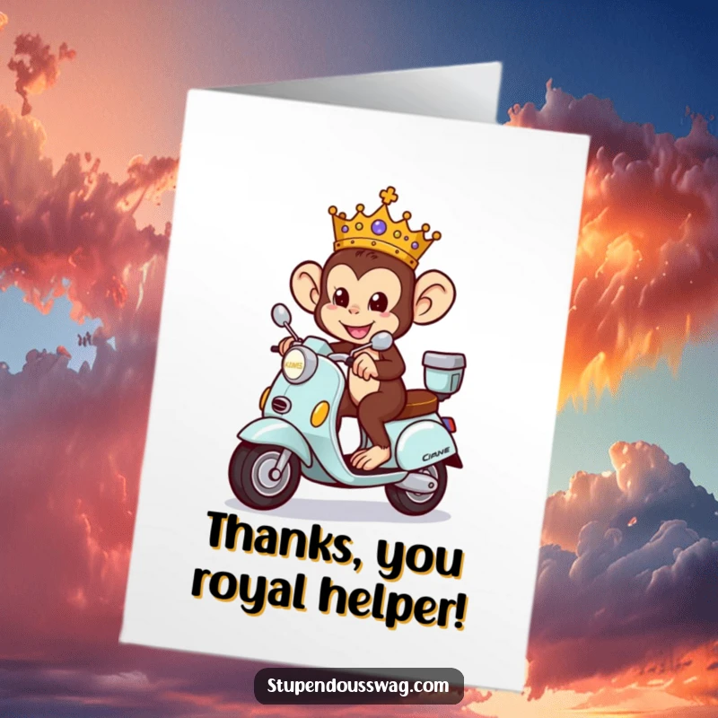 Funny free printable monkey king card, a crowned monkey happily rides a small ornate scooter to say thank you.