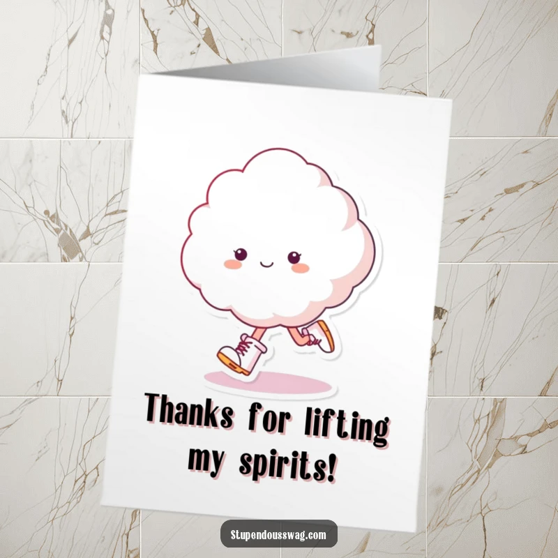 Funny Free Printable Thank You Card featuring a fluffy cloud wearing tiny boots and skipping with gusto.