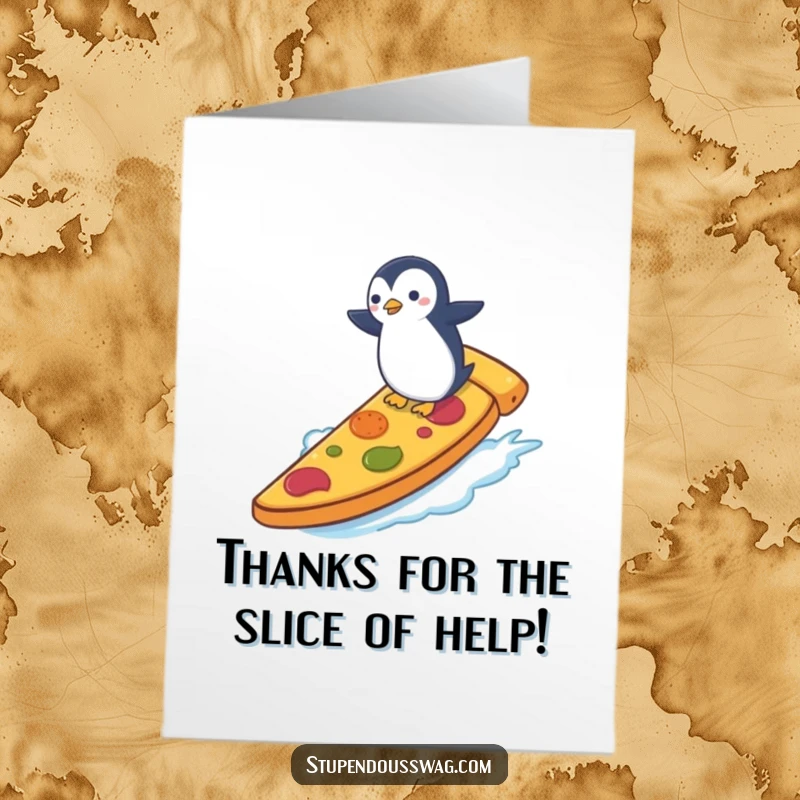 Funny Free Printable Thank You Card: Tiny penguin attempting to surf a giant slice of pizza, a humorous and unique DIY gratitude card.