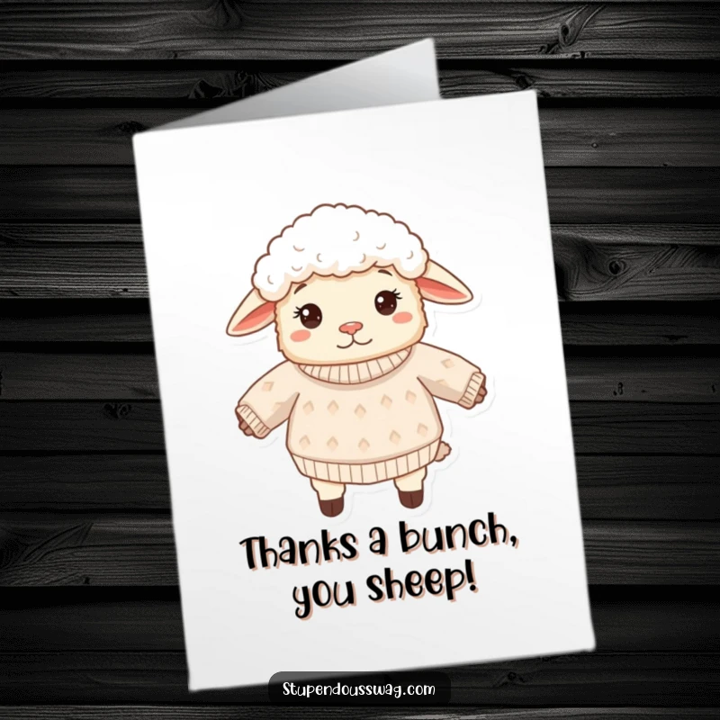 Funny Free Printable Thank You Card: a sheep in an inside-out sweater, expressing thanks with a confused look.