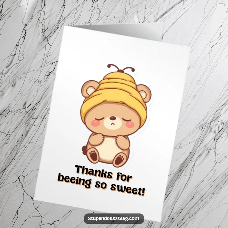 Funny free printable thank you card: Sleepy bear, sporting a beehive hat, offers a sleepy yet grateful expression.