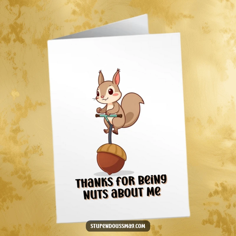Funny Free Printable Thank You Card: Mischievous squirrel on an acorn unicycle, humorously expressing thanks.