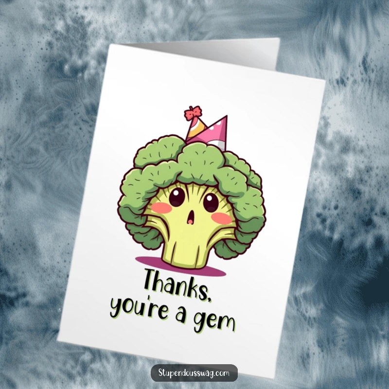Funny Free Printable Thank You Card: A shocked broccoli wearing a party hat, humorous thanks downloadable art.