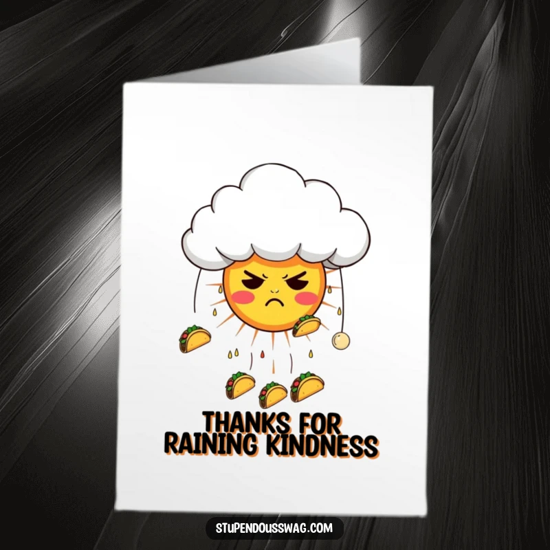 Funny Free Printable Thank You Card: Grumpy cloud raining tacos on a sun, expressing thanks with humor.