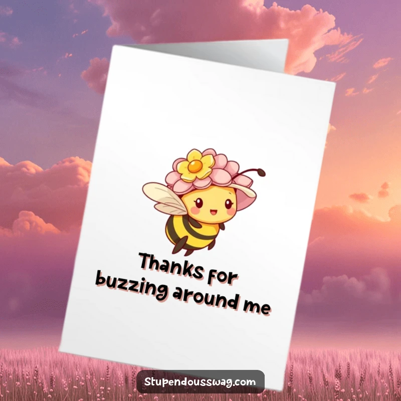 Funny Free Printable Thank You Card: A tiny bee, weighed down by a huge flower hat, struggles to fly, sending thanks with humor.