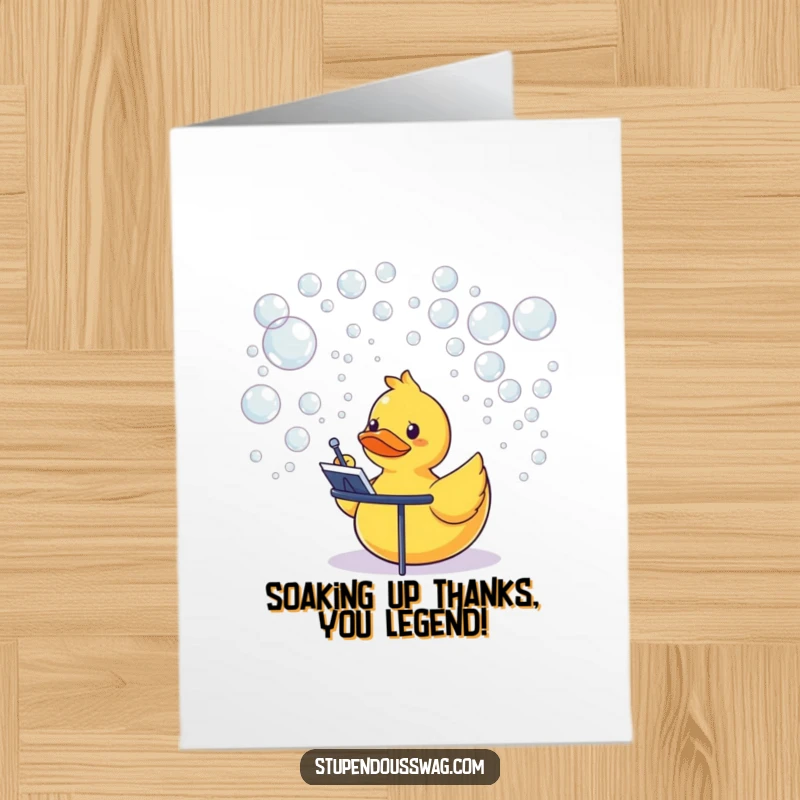 Funny Free Printable Thank You Card: Rubber duck maestro leading a delightful orchestra of soap bubbles, expressing thanks humorously.