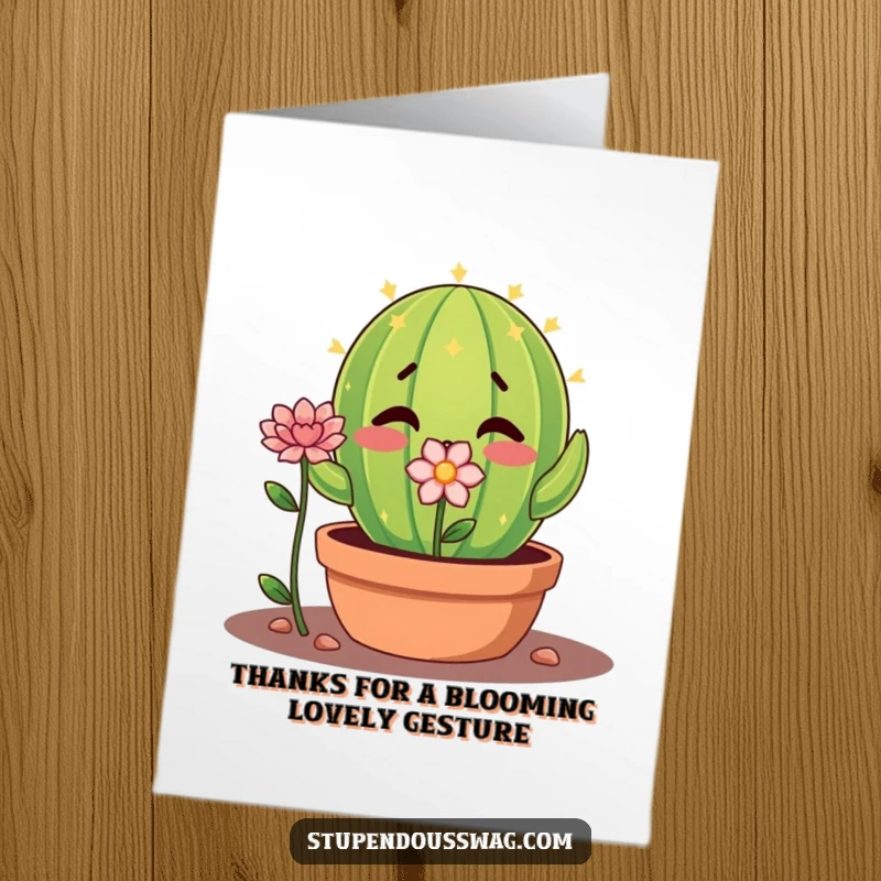 Funny Free Printable Thank You Card: A shy cactus nervously presents a lovely flower, a gesture of thanks.