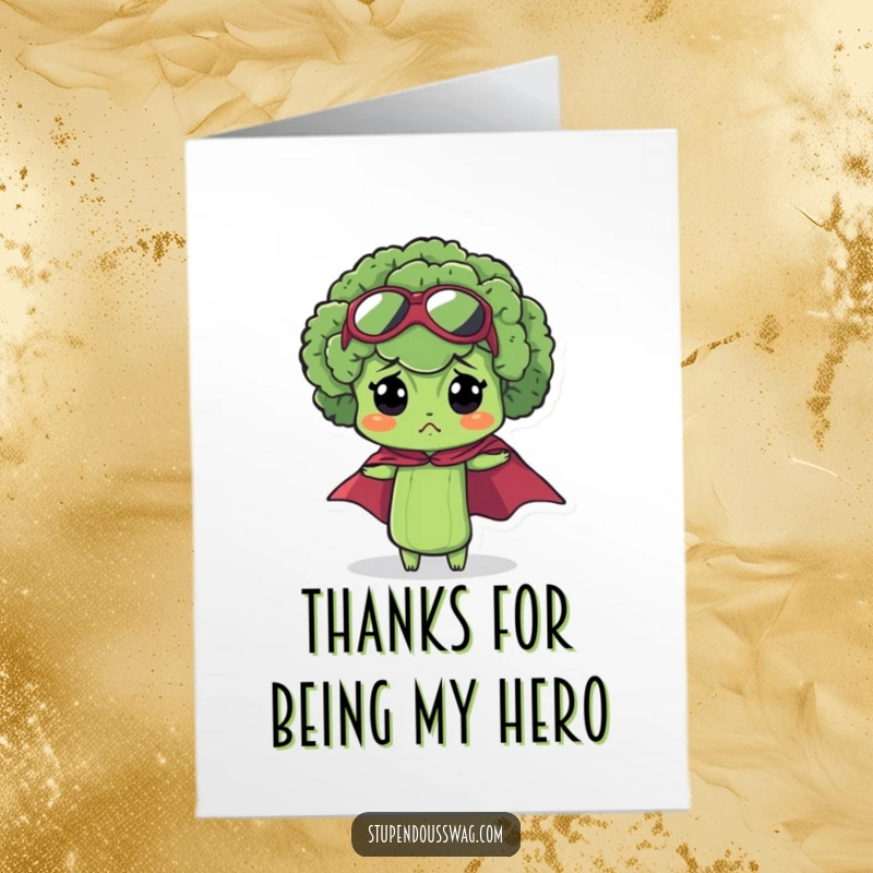 Funny Free Printable Thank You Card: A bewildered broccoli floret in a superhero cape, looking slightly confused but expressing heartfelt thanks.