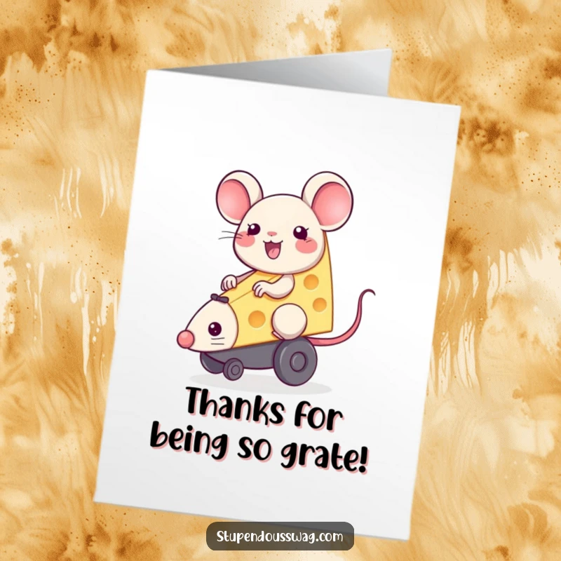 Funny Free Printable Thank You Card: A piece of cheese happily riding a squeaky toy mouse, conveying thanks with whimsical charm.