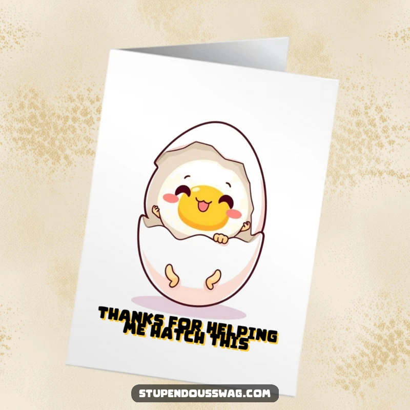 Funny Free Printable Thank You Card: A shocked egg shell splits open to reveal tiny legs doing a happy dance, expressing thanks.