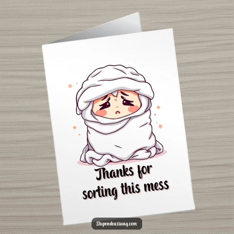 Funny Free Printable Thank You Card: A dramatic laundry pile sighing expressively, conveying thanks with relatable humor.