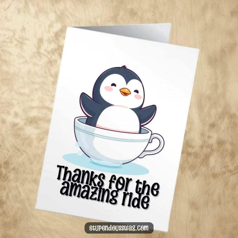 Funny Free Printable Thank You Card: A dizzy penguin sails merrily in a teacup, acting as a charming boat.