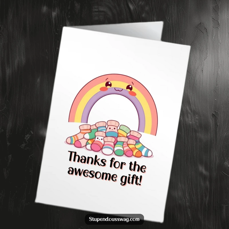 Funny Free Printable Thank You Card: A vibrant rainbow above a pile of giggling socks expressing heartfelt gratitude.