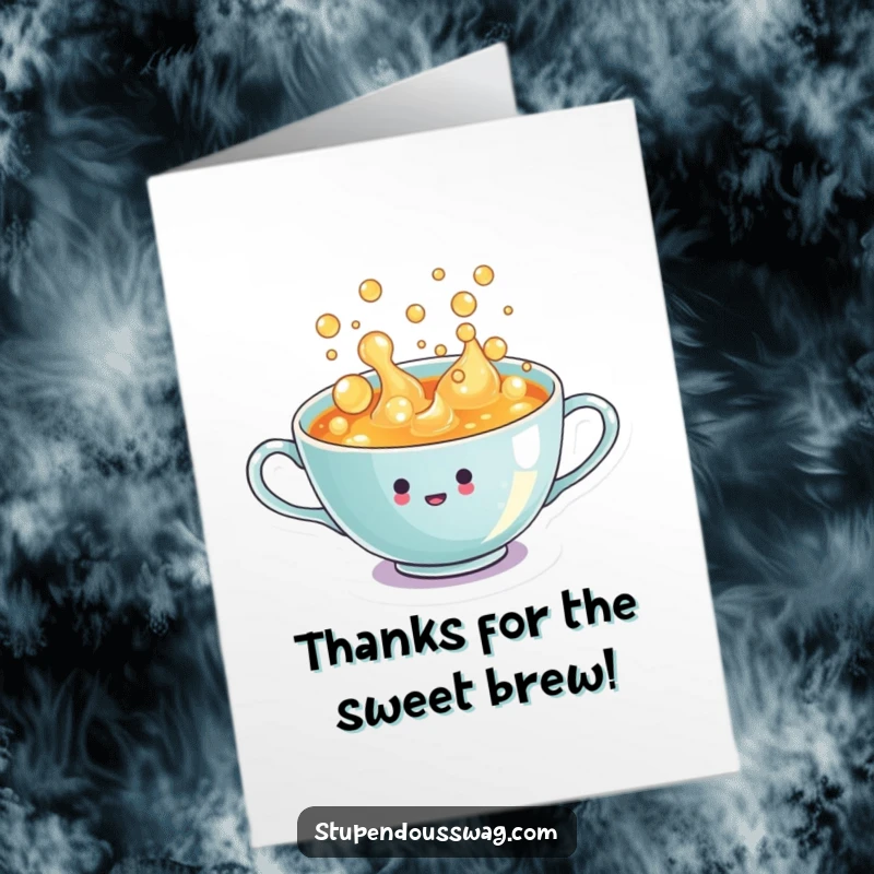 Funny Free Printable Teacup Thank You Card: Teacup overflowing with bubbly liquid, expressing thanks.
