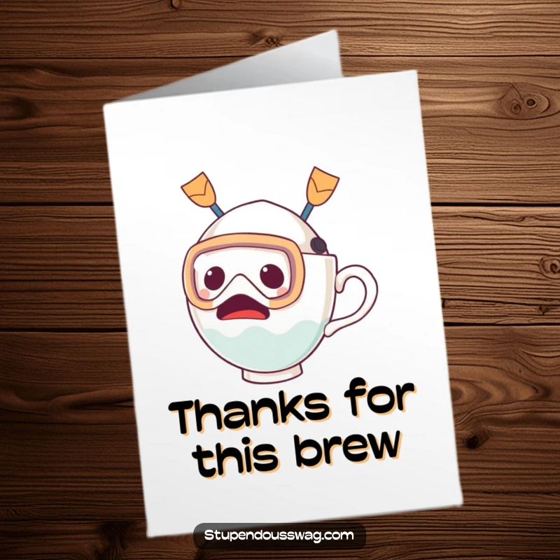 Funny Free Printable Thank You Card of a teacup in a diving mask and fins, looking surprised while expressing thanks.
