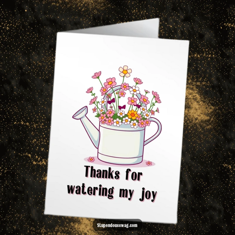 Funny Free Printable Thank You Card depicting a happy, giggling watering can spilling out lots of tiny, colorful flowers. A sweet gesture.