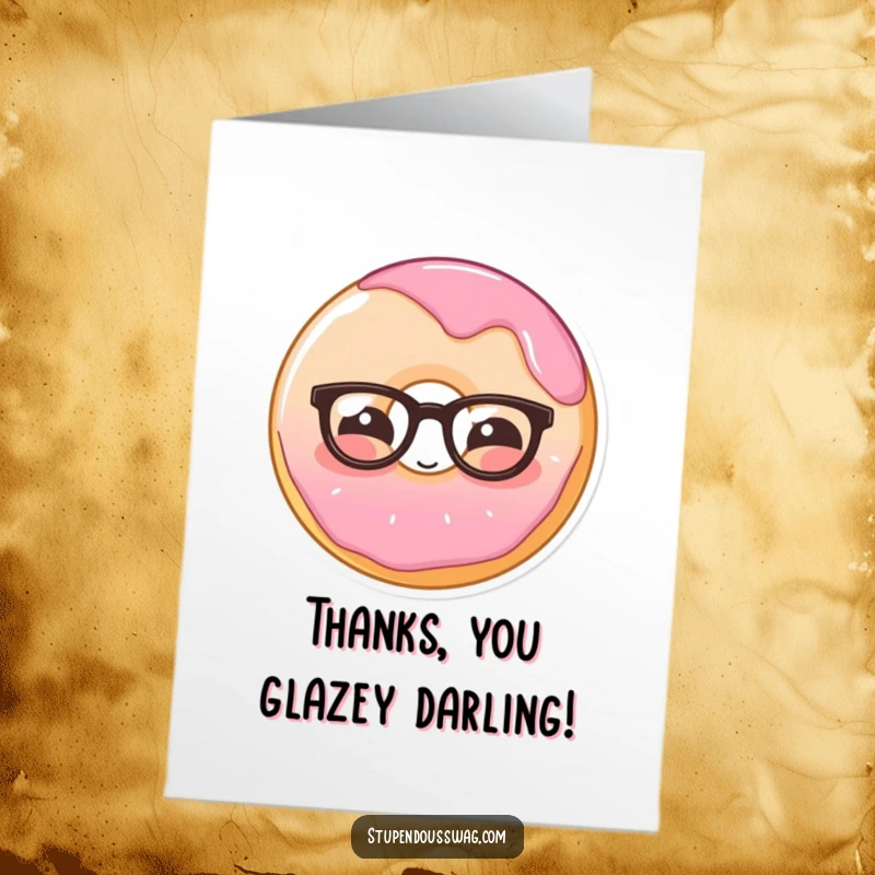 Funny Free Printable Thank You Card: A shy donut wearing glasses blushes adorably, perfect for a sweet and humorous thank you note.