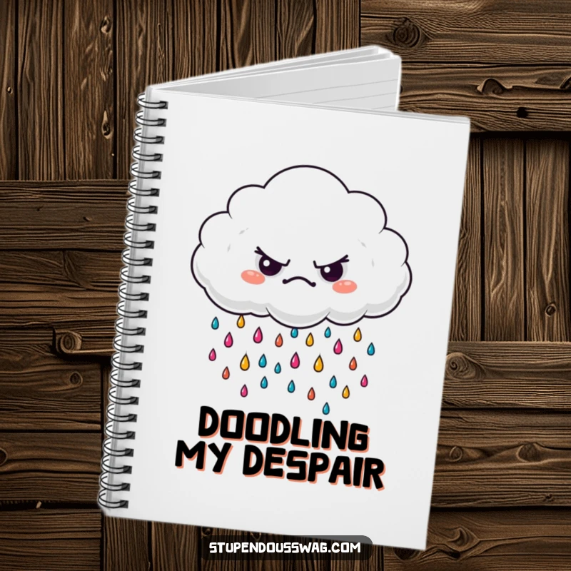 Funny grumpy cloud notebook, illustrated with small, vivid raindrops, ideal for humorous notes and creative journaling.