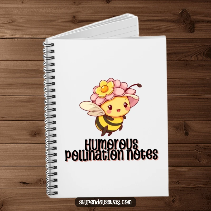 Funny notebook cover with a tiny bee struggling under an oversized flower hat, inspiring funny notes.