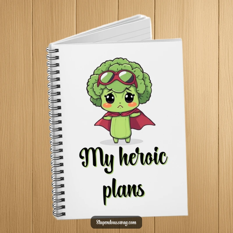 Funny bewildered broccoli notebook with a miniature superhero cape on a charmingly confused floret for humorous note-taking.