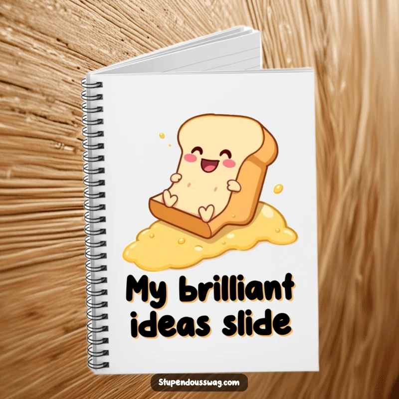 Funny notebook with a cover depicting a cheerful bread loaf comically sliding down a buttered slope, inspiring funny notes.