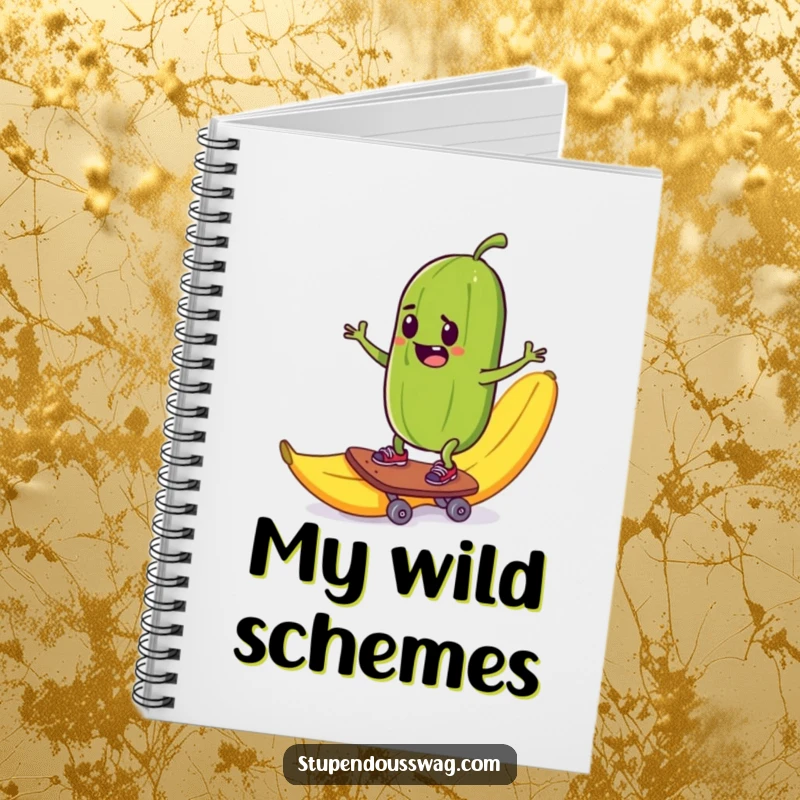 Funny notebook featuring a mischievous pickle skateboarding down a banana peel, perfect for notes and daring ideas.