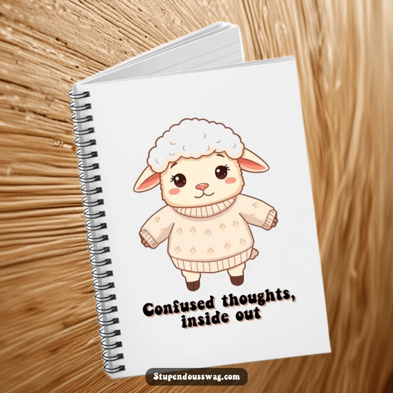 Funny sheep notebook with a confused fluffy sheep wearing its sweater inside out. Humorous stationery for jotting down notes and ideas.