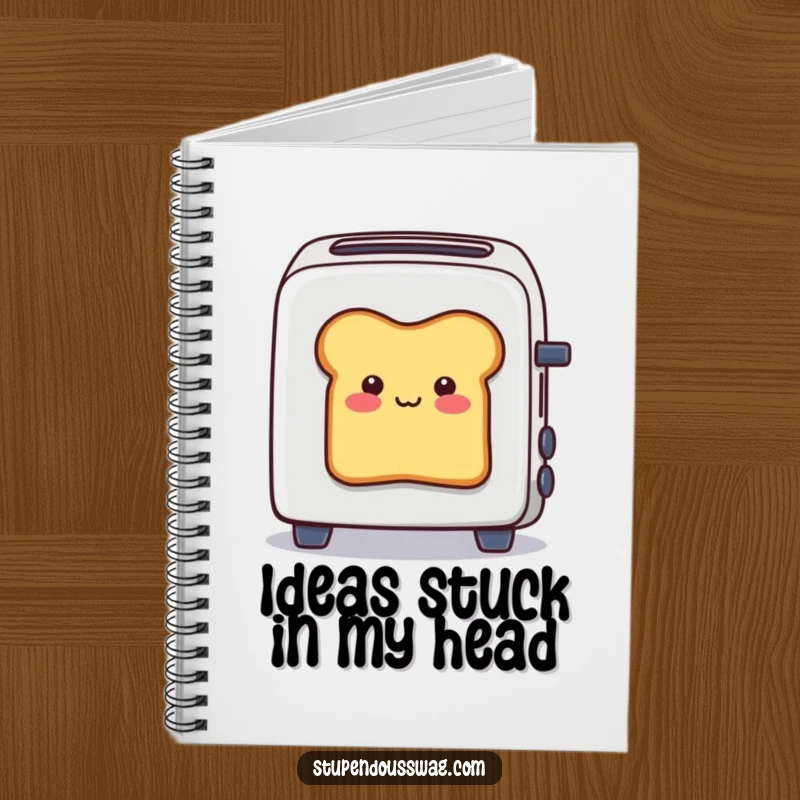 Funny notebook with a smiling bread slice stuck halfway out of a toaster, perfect for jotting down notes with a humorous twist.