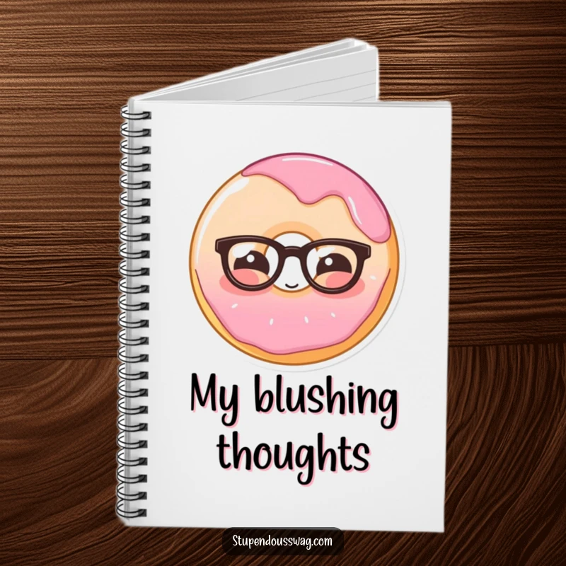 Funny notebook cover with a shy donut wearing glasses, blushing sweetly, encouraging cute and humorous note-taking.