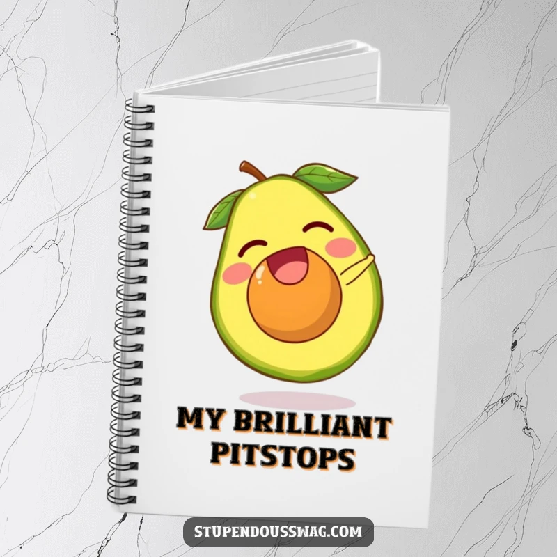 Funny avocado notebook with a laughing avocado pit escaping its fruit and doing a tiny somersault. Humorous stationery for jotting down notes.