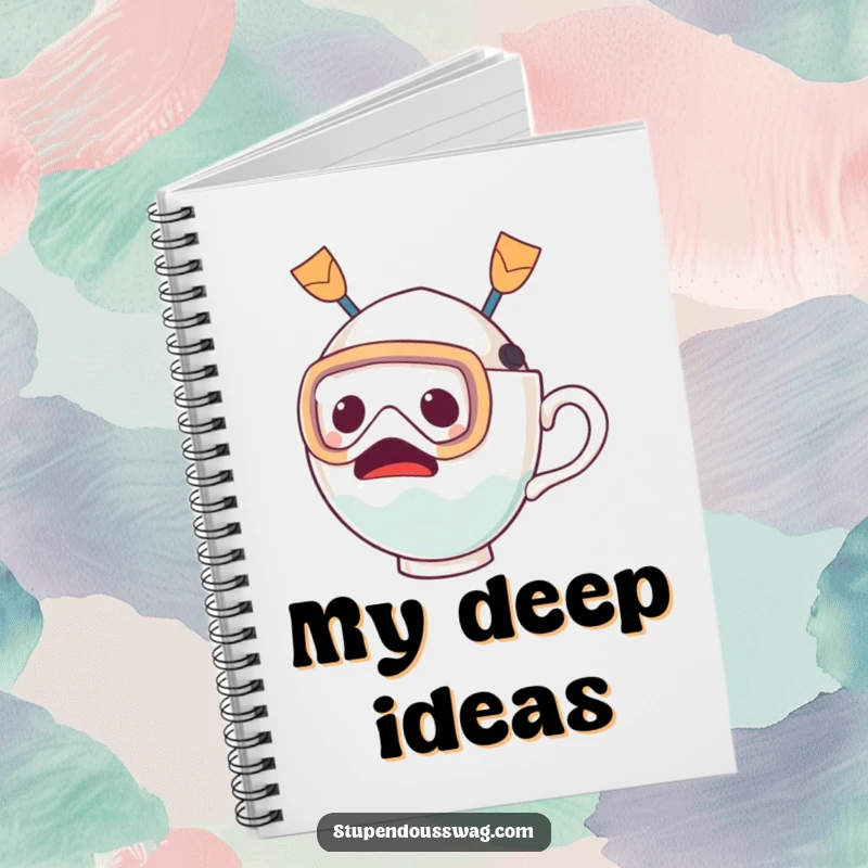 Funny notebook cover with a startled teacup wearing a diving mask and fins, symbolizing diving into new ideas and creative exploration.
