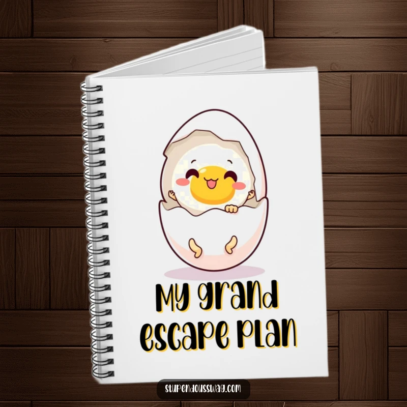 Funny notebook cover with a startled egg revealing tiny dancing legs, inspiring funny and creative notes.