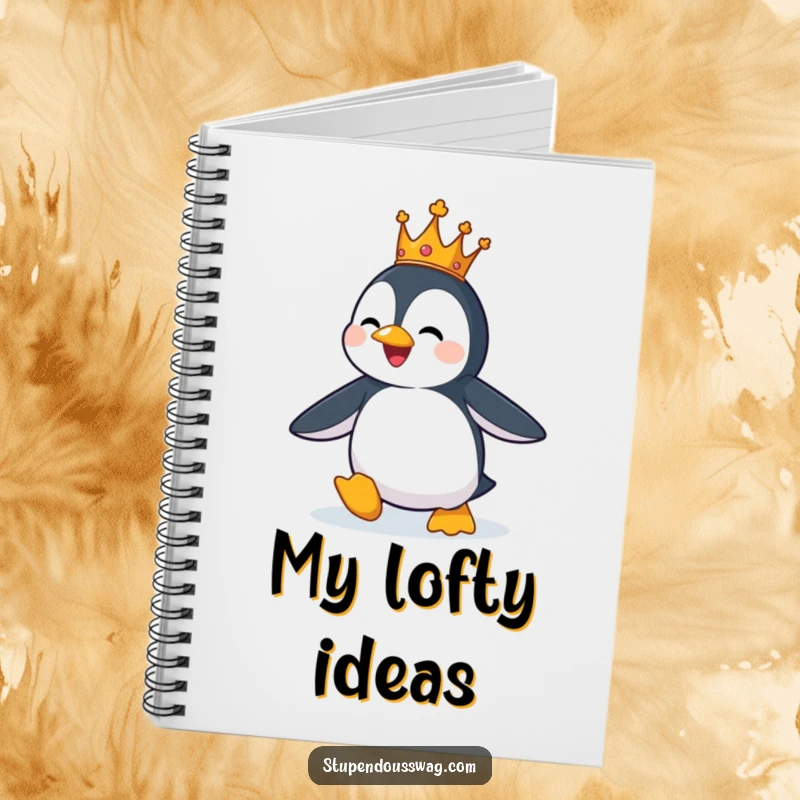 Funny notebook cover with a penguin wearing a small crown, comically attempting to fly, ready for notes.