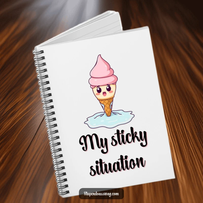 Funny notebook cover with a surprised ice cream cone melting dramatically into a puddle, inspiring funny notes.