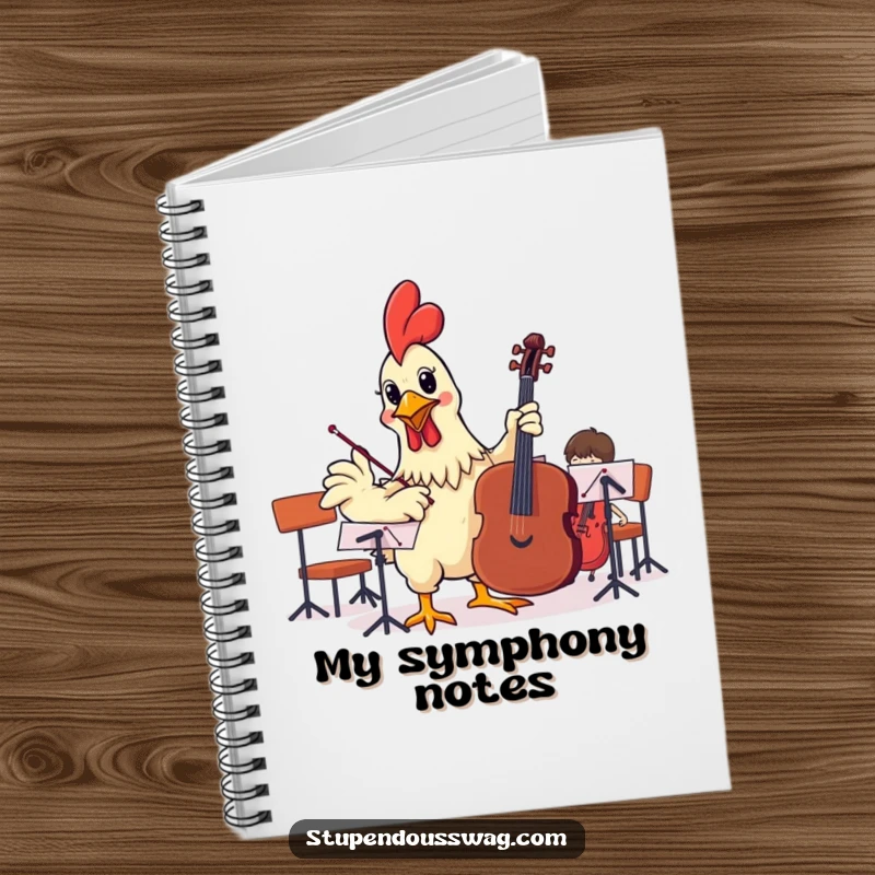 Funny notebook with a rubber chicken attempting to conduct an orchestra, ideal for jotting down notes with a musical and humorous theme.