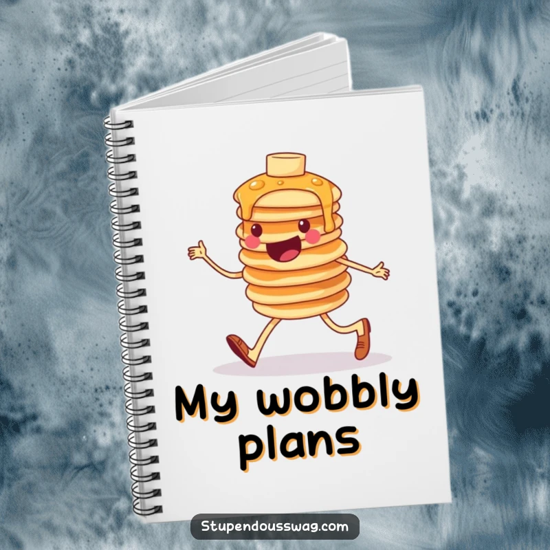 Funny notebook cover with a cheerful, wobbly stack of pancakes humorously marching, symbolizing breakfast ideas and a determined start to the day.
