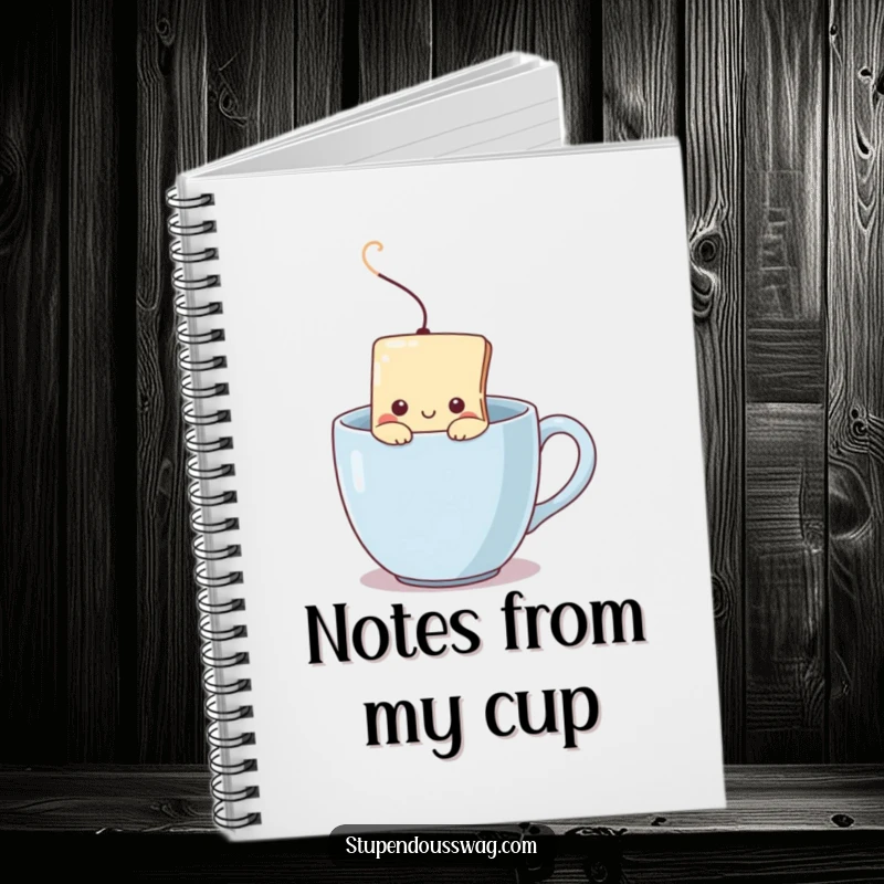 Funny notebook with a shy teabag illustration peeking from a steaming mug, perfect for journaling and quiet reflections.