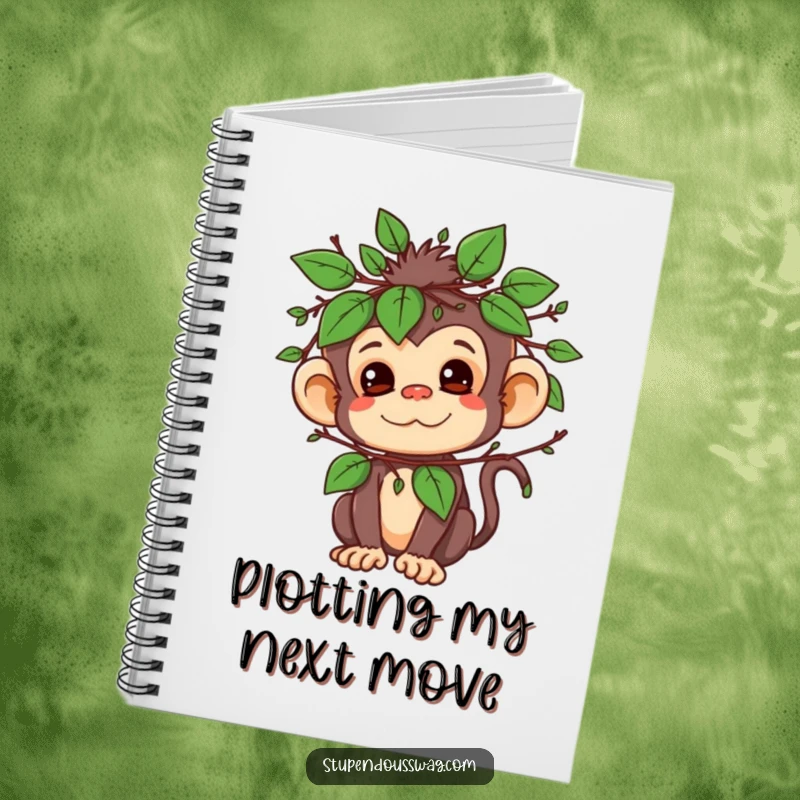 Funny notebook with a mischievous monkey character in a leafy disguise, inspiring creative writing and planning.