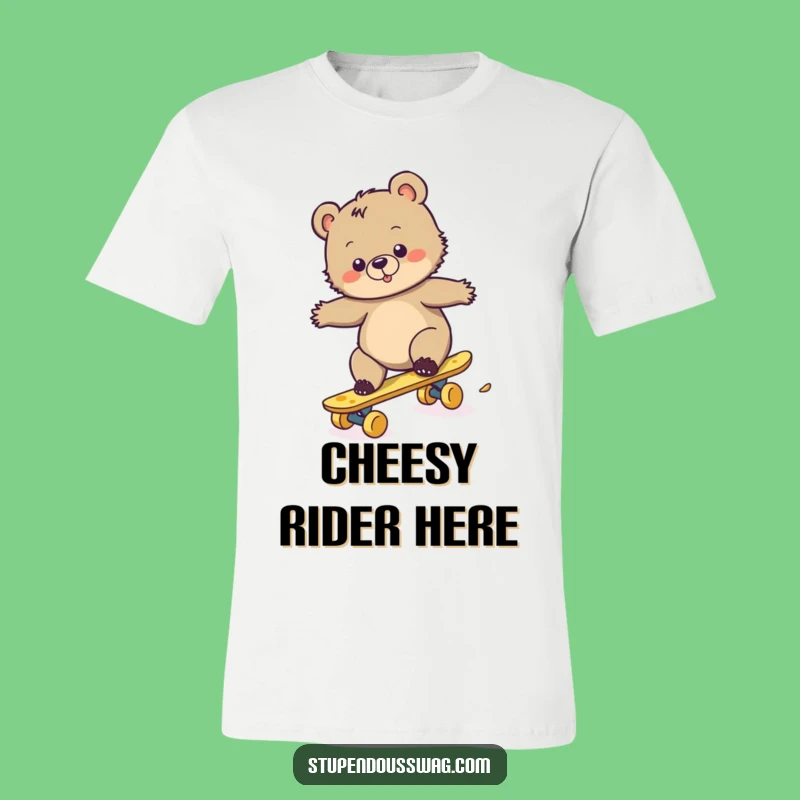 Funny Bear Cub Cheese Skateboard T-Shirt: Clumsy Fun on Wheels, Ideal Humorous Gift