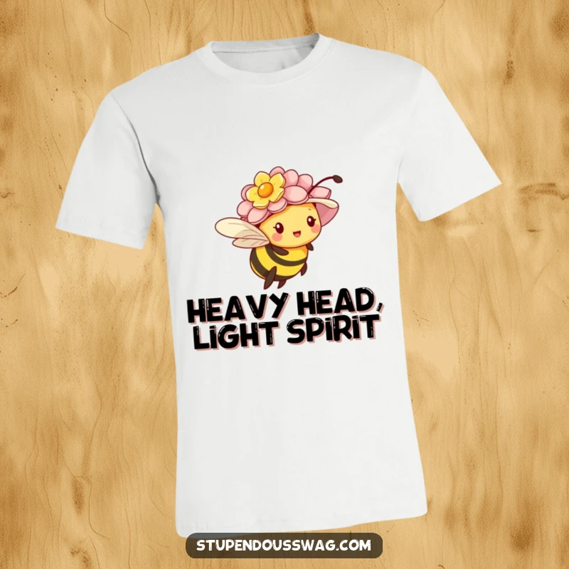 Funny t-shirt featuring a tiny bee comically failing to fly under the weight of an oversized flower hat.