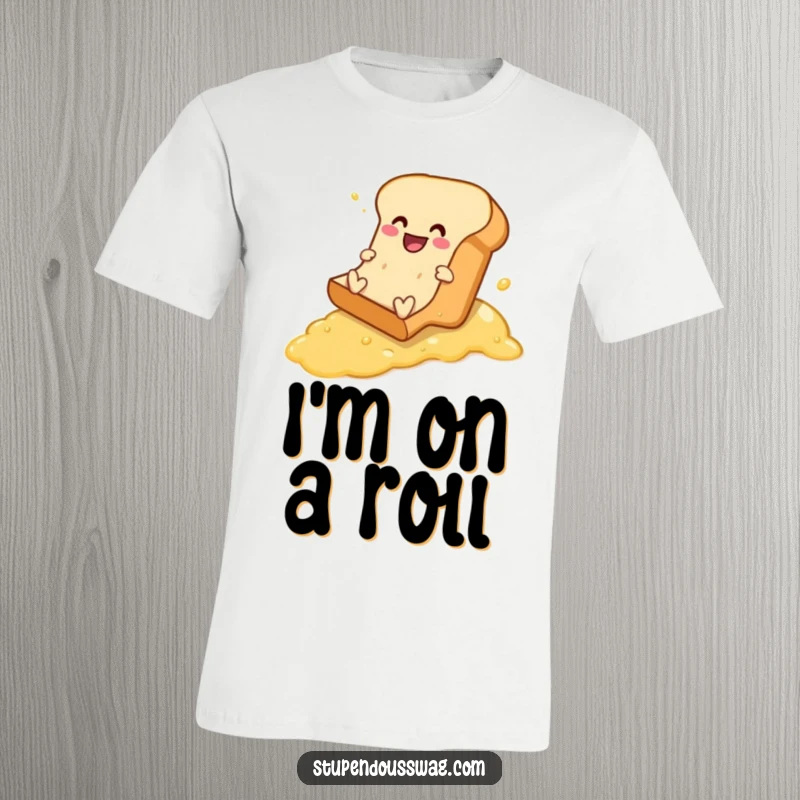 Funny t-shirt featuring a delighted bread loaf comically and gracefully sliding down a buttered slope, pure comedic joy.