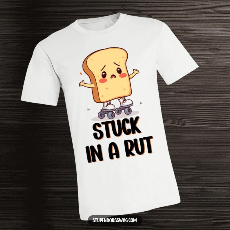 A confused loaf of bread hilariously trying to balance on roller skates, featured on a comfortable t-shirt.