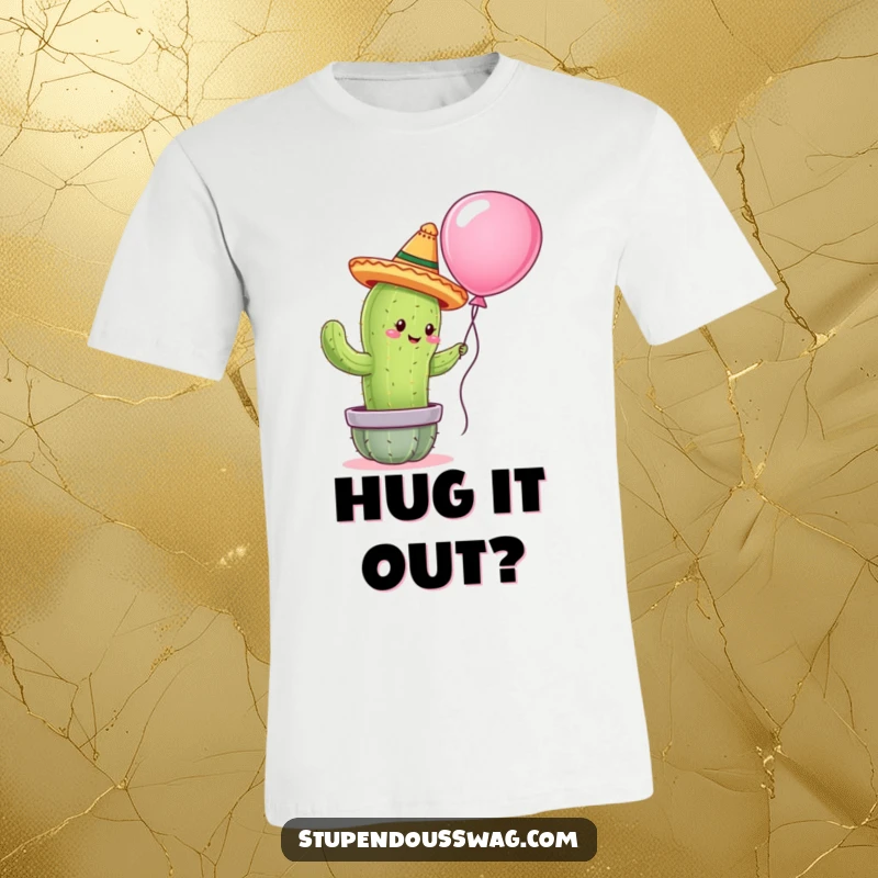 Funny t-shirt depicting a cactus wearing a tiny sombrero, reaching out to hug a balloon, showcasing a tender and comical scene.